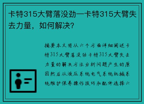 卡特315大臂落没劲—卡特315大臂失去力量，如何解决？