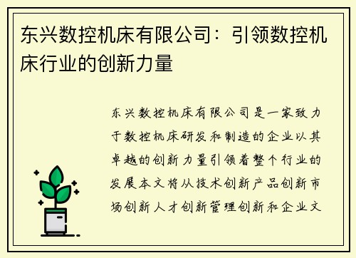 东兴数控机床有限公司：引领数控机床行业的创新力量