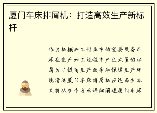 厦门车床排屑机：打造高效生产新标杆